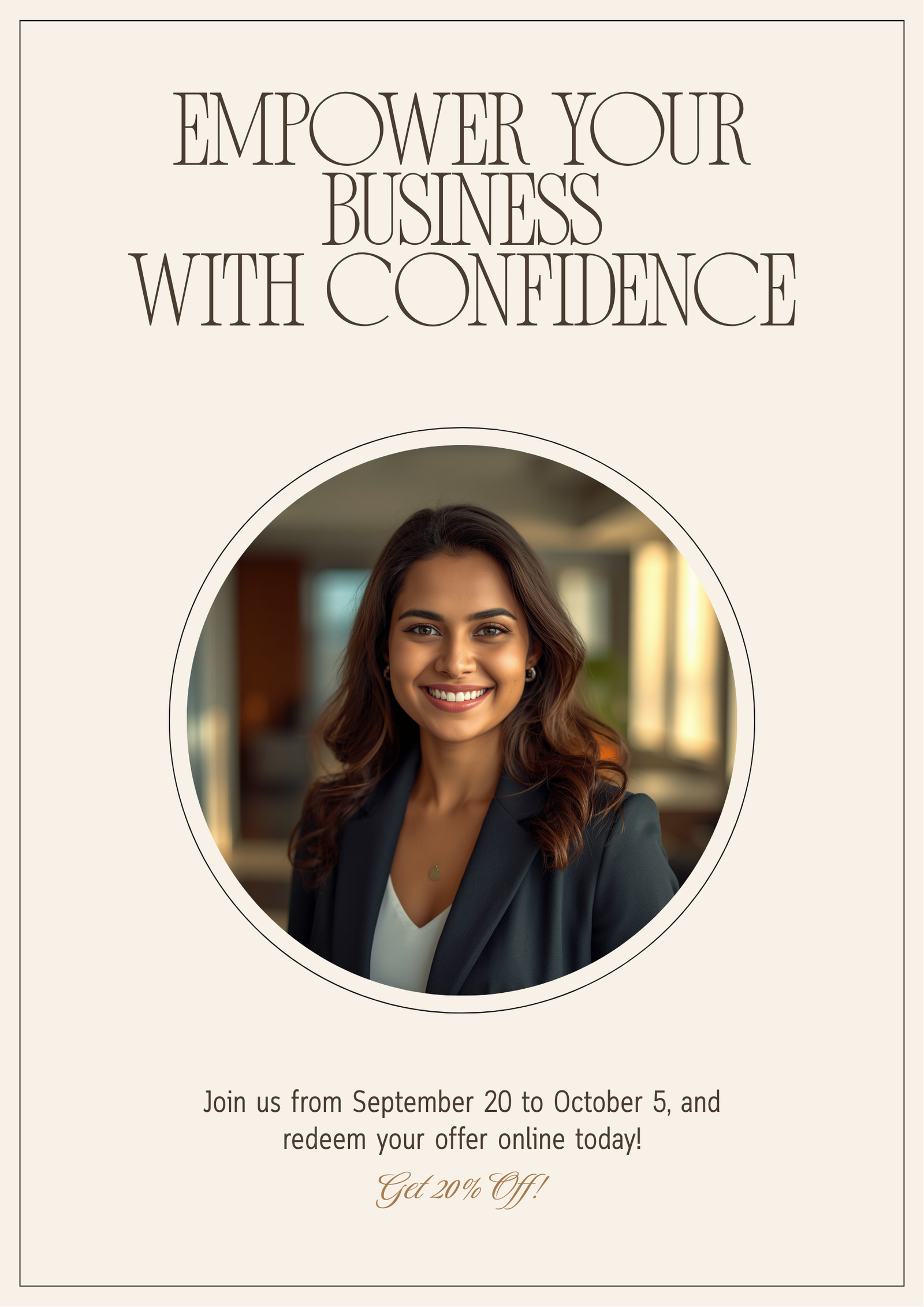 Confident, smiling Indian businesswoman with full face properly framed, in a bright modern office