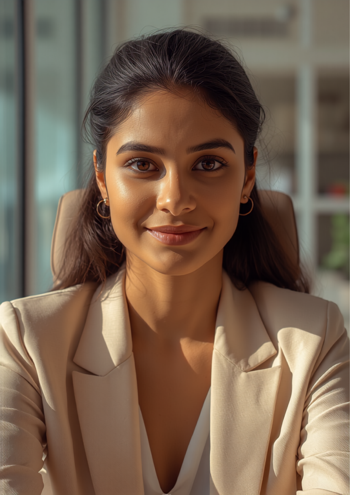 Focused young Indian salaried professional woman working in a bright, light-filled setting