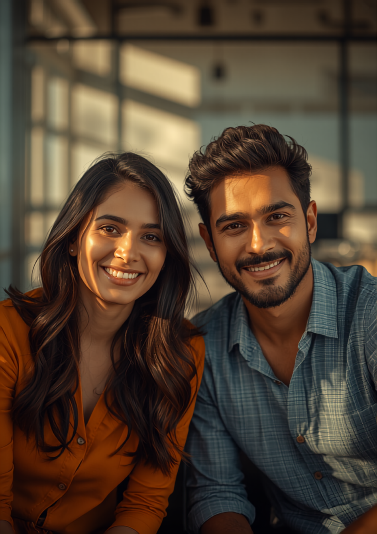 Two young Indian co-founders, a woman and a man, working together as equal partners in a bright workspace