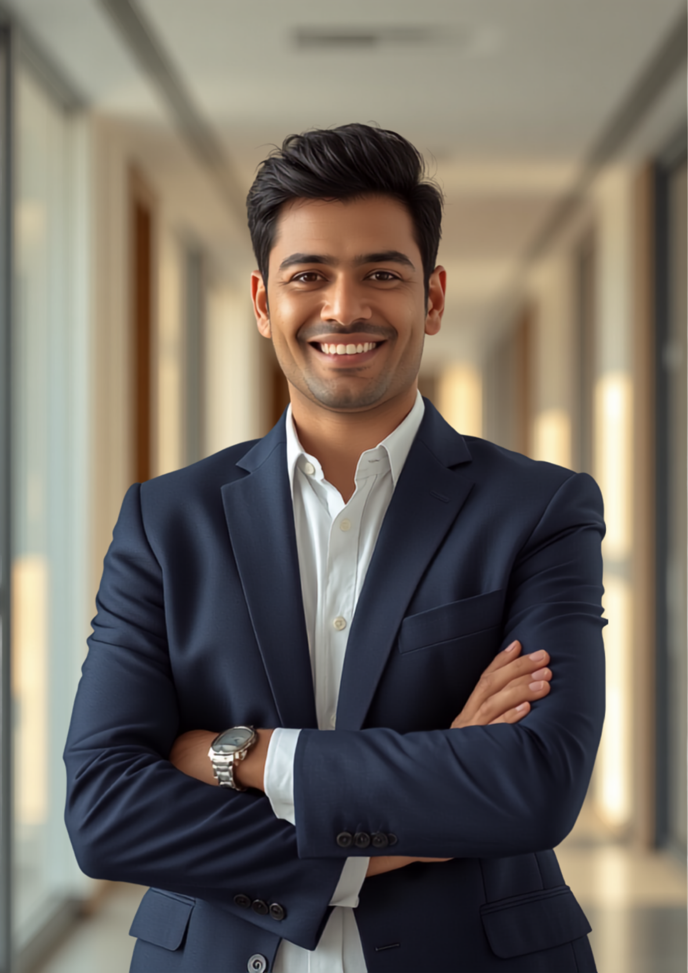 Approachable TaxRupia team member in a bright, light-filled office hallway